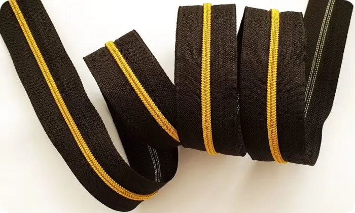 ZAMEK, TAŚMA SUWAKOWA CZARNO ŻÓŁTO-ZŁOTA 3 mm + 2 suwaki
