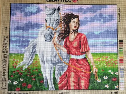 Kanwa z nadrukiem PEJZAŻ - KOBIETA Z KONIEM (11486)