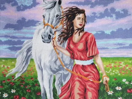 Kanwa z nadrukiem PEJZAŻ - KOBIETA Z KONIEM (11486)