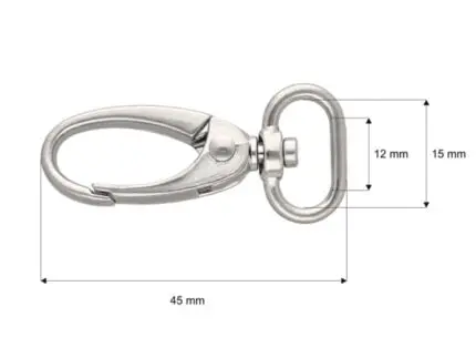 Karabińczyk metalowy 15x45mm SREBRNY MAT