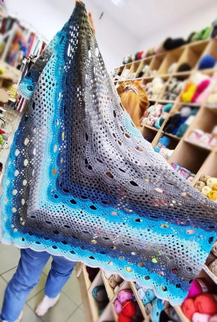 Ręcznie Robiona Niebiesko-Szara CHUSTA XXL