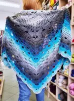 Ręcznie Robiona Niebiesko-Szara CHUSTA XXL