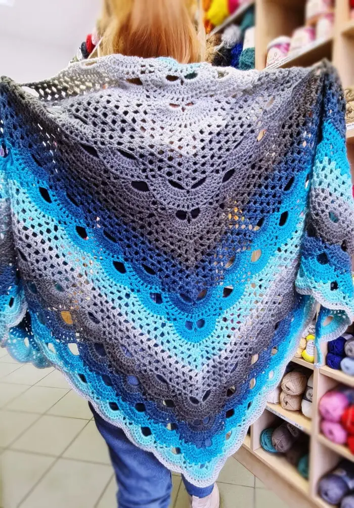 Ręcznie Robiona Niebiesko-Szara CHUSTA XXL