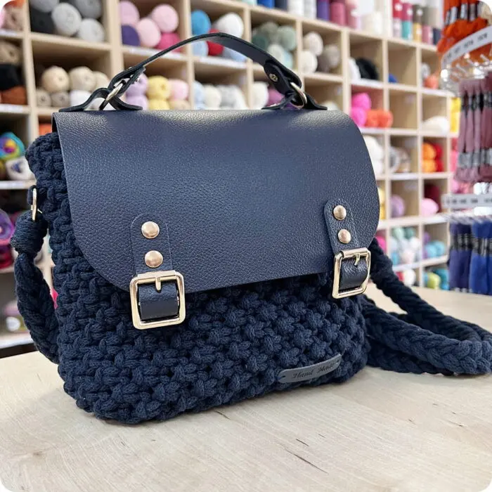 Torebka Granatowa - bawełna + skóra naturalna