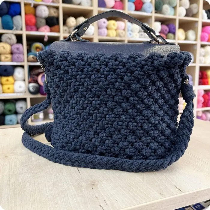 Torebka Granatowa - bawełna + skóra naturalna