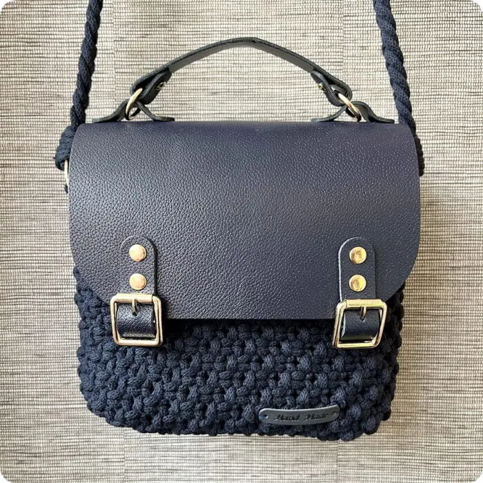 Torebka Granatowa - bawełna + skóra naturalna