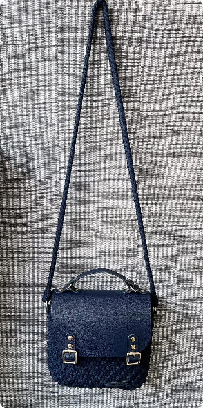 Torebka Granatowa - bawełna + skóra naturalna